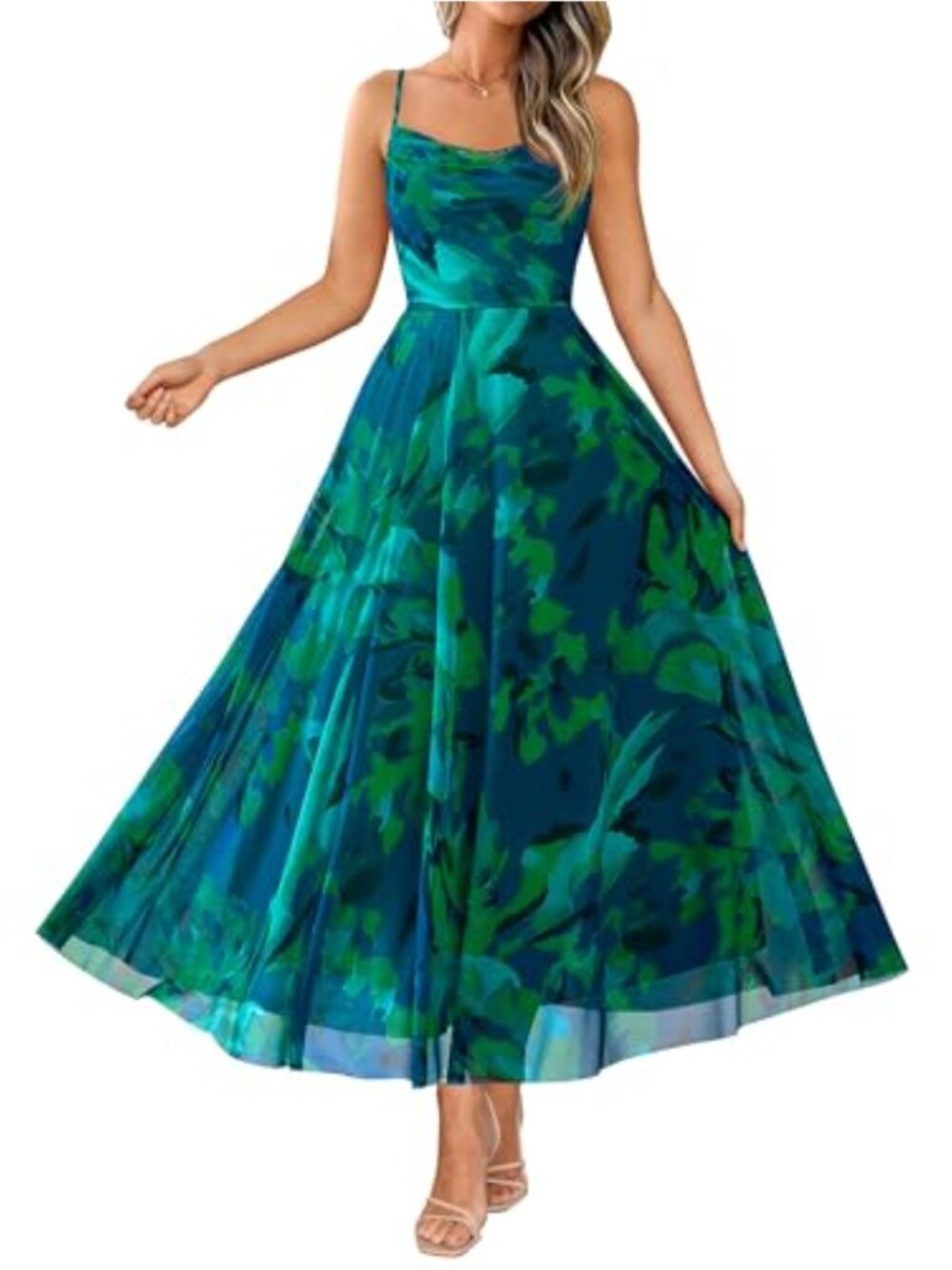 Elegant Sleeveless Floral Maxi Dress Cowl Neck A-Line Wedding Guest